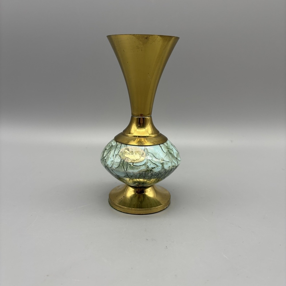Vintage Delft Porcelain And Metal Bud Vase Measures 5.75" Tall Turquoise Marbled